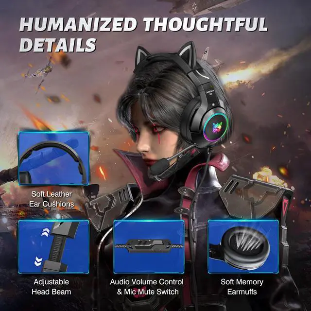 Alt view image 5 of 7 - K9 Gaming Headset with Removable Cat Ears, for PS5, PS4, Nintendo Switch, PC, with Surround Sound, RGB LED Light & Noise Canceling Retractable Microphone