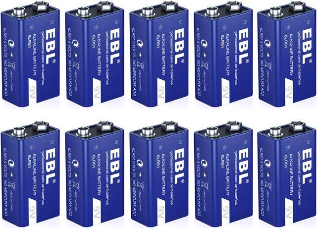 EBL 10 Pcs 9V 6LR61 Battery 9 Volt Alkaline Batteries Ultra Long Lasting  and Leak Proof 