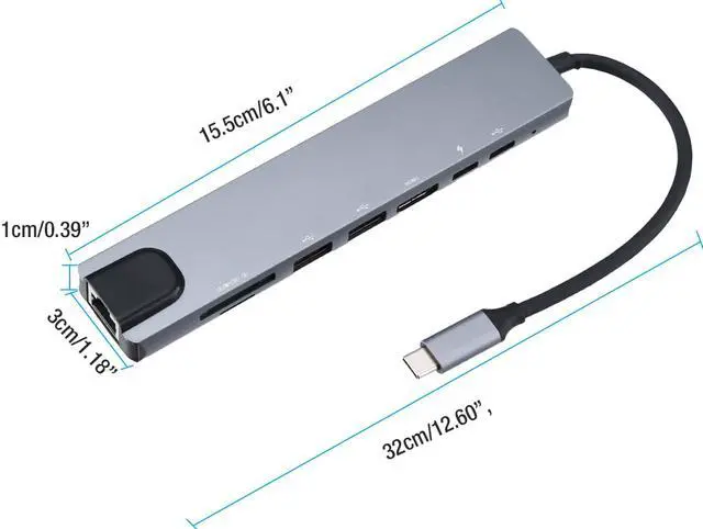 Alt view image 4 of 7 - 8 in 1 Multiport Type C To USB-C HDMI Adapter USB 3.0 Cable Hub For Macbook,sd card reader,Gray