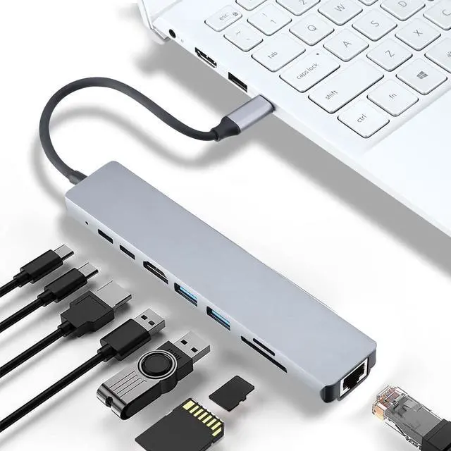 Alt view image 6 of 7 - 8 in 1 Multiport Type C To USB-C HDMI Adapter USB 3.0 Cable Hub For Macbook,sd card reader,Gray