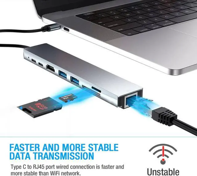 Alt view image 3 of 7 - 8 in 1 Multiport Type C To USB-C HDMI Adapter USB 3.0 Cable Hub For Macbook,sd card reader,Gray