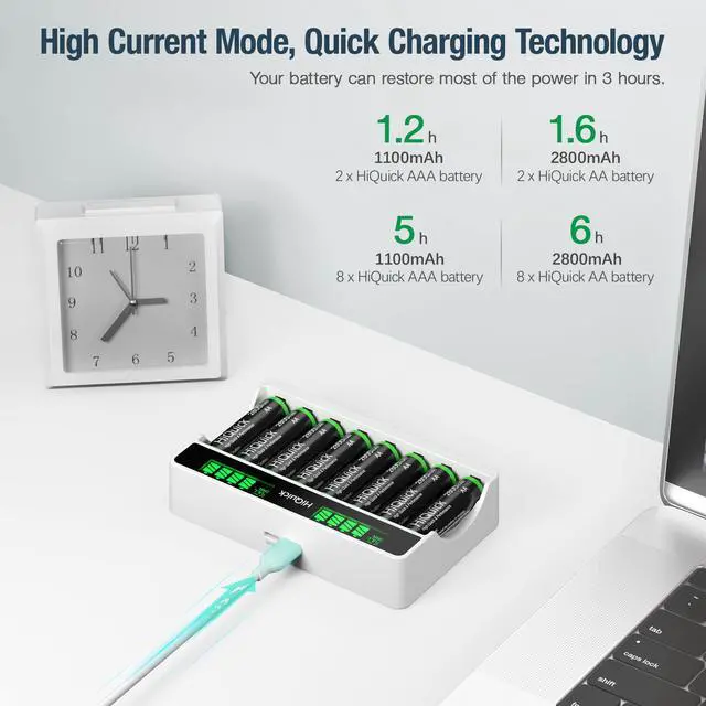 Alt view image 6 of 7 - HiQuick AAA AA Battery Charger, 8 Bay Independent Recharger LCD USB Input for Ni-MH Ni-CD Rechargeable Batteries