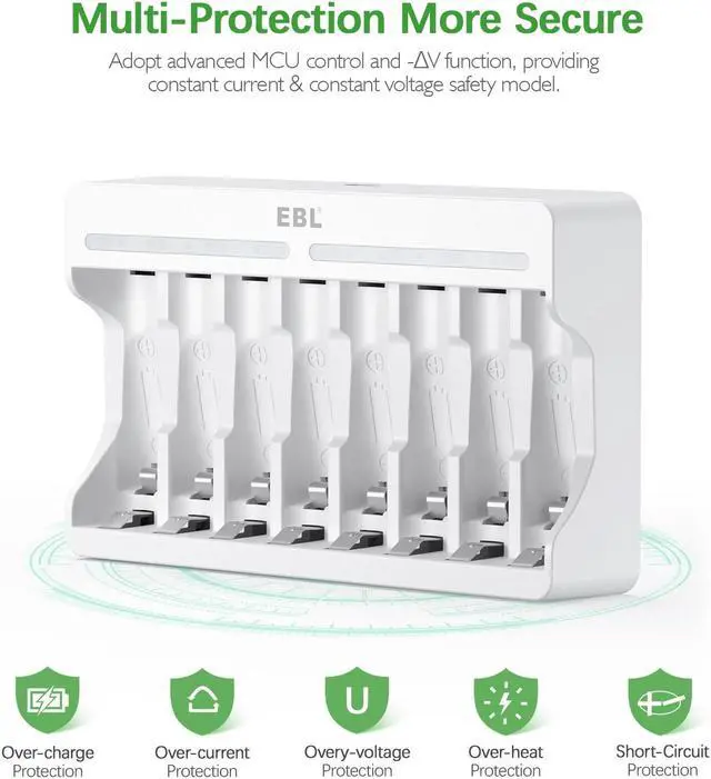 Alt view image 3 of 7 - EBL Rechargeable AA Batteries 2800mAh (4 Pack) and AAA Ni-MH Rechargeable Batteries 1100mAh (4 Pack) with 8-Bay AA AAA Individual Battery Charger