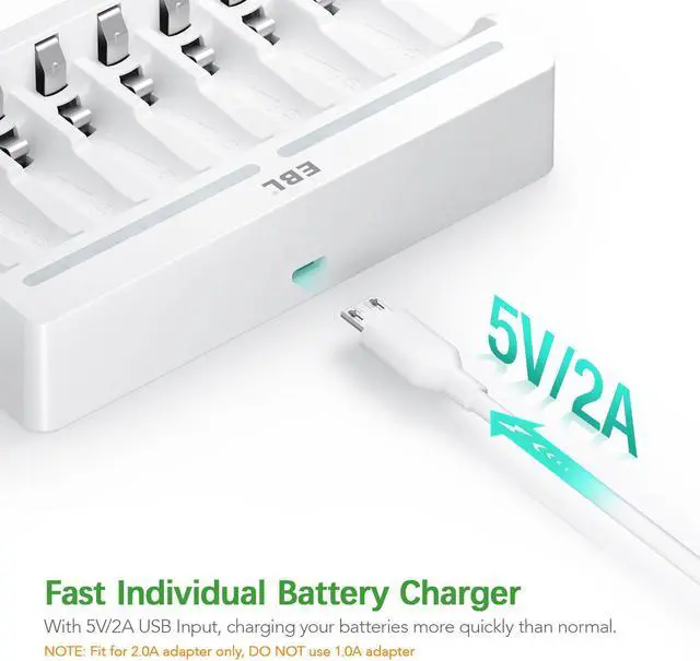 Alt view image 6 of 7 - EBL Rechargeable AA Batteries 2800mAh (4 Pack) and AAA Ni-MH Rechargeable Batteries 1100mAh (4 Pack) with 8-Bay AA AAA Individual Battery Charger