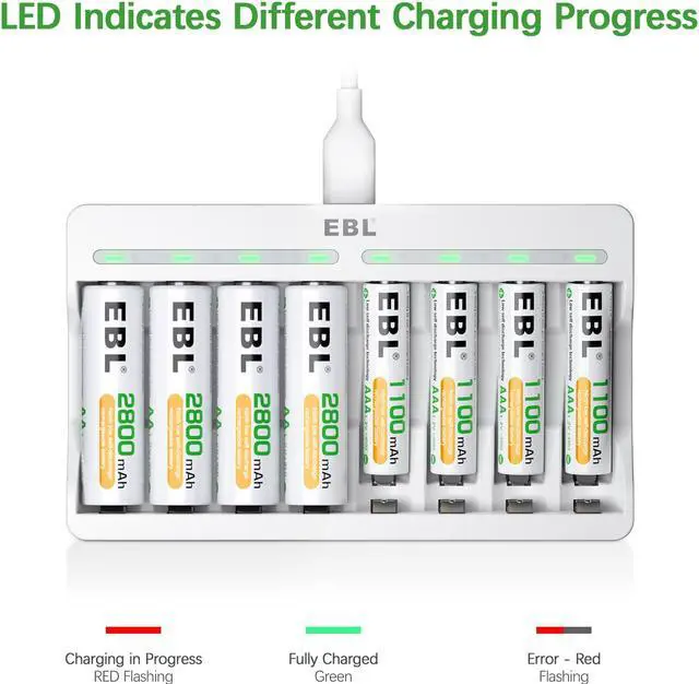 Alt view image 4 of 7 - EBL Rechargeable AA Batteries 2800mAh (4 Pack) and AAA Ni-MH Rechargeable Batteries 1100mAh (4 Pack) with 8-Bay AA AAA Individual Battery Charger