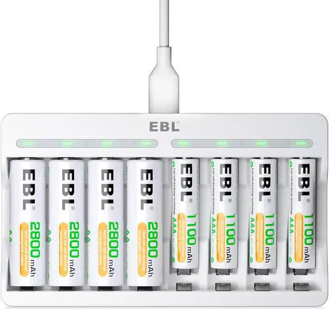 Alt view image 2 of 7 - EBL Rechargeable AA Batteries 2800mAh (4 Pack) and AAA Ni-MH Rechargeable Batteries 1100mAh (4 Pack) with 8-Bay AA AAA Individual Battery Charger