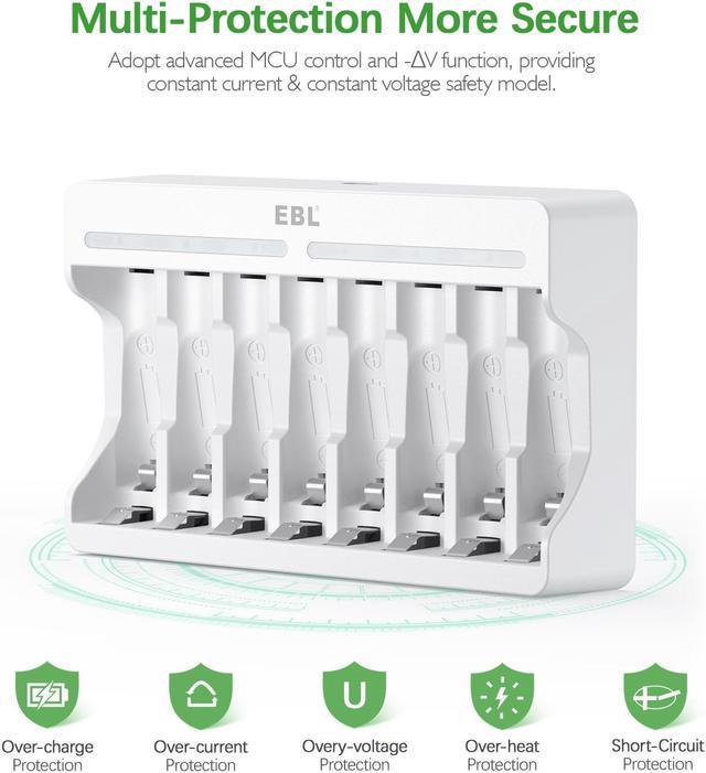 EBL Rechargeable AA Batteries 2800mAh 8 Pack and 8-Bay AA AAA Individual  Rechargeable Battery Charger with 5V 2A USB Fast Charging Function