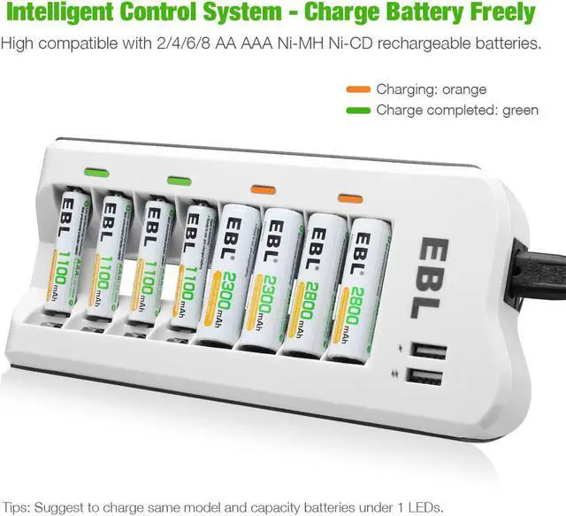 Alt view image 4 of 7 - EBL 8 Bay Battery Charger with 4pcs AA Rechargeable Batteries 2800mAh and 4pcs Ni-Mh AAA Batteries