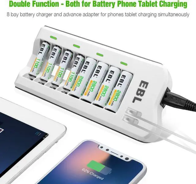 Alt view image 2 of 7 - EBL 8 Bay Battery Charger with 4pcs AA Rechargeable Batteries 2800mAh and 4pcs Ni-Mh AAA Batteries