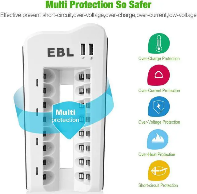 Alt view image 7 of 7 - EBL 8 Bay Battery Charger with 4pcs AA Rechargeable Batteries 2800mAh and 4pcs Ni-Mh AAA Batteries