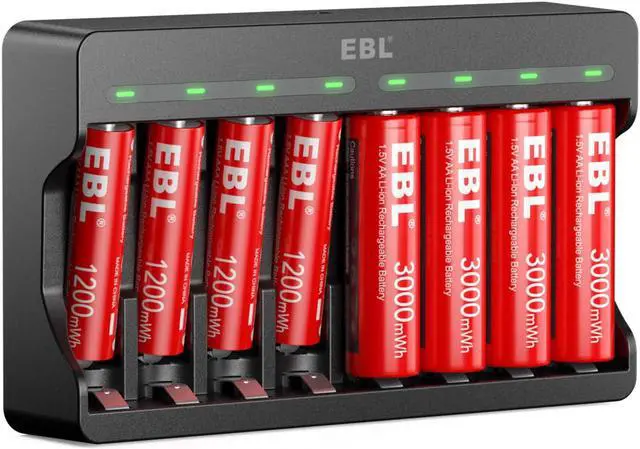 Main image of EBL Rechargeable Lithium AA Batteries 3000mWh 4 Count and AAA Lithium ion Batteries 1200mWh 4 Count with 8 Bay Smart Battery Charger for Lithium Rechargeable Batteries