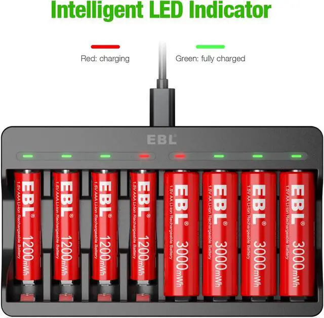 Alt view image 4 of 7 - EBL Rechargeable Lithium AA Batteries 3000mWh 4 Count and AAA Lithium ion Batteries 1200mWh 4 Count with 8 Bay Smart Battery Charger for Lithium Rechargeable Batteries