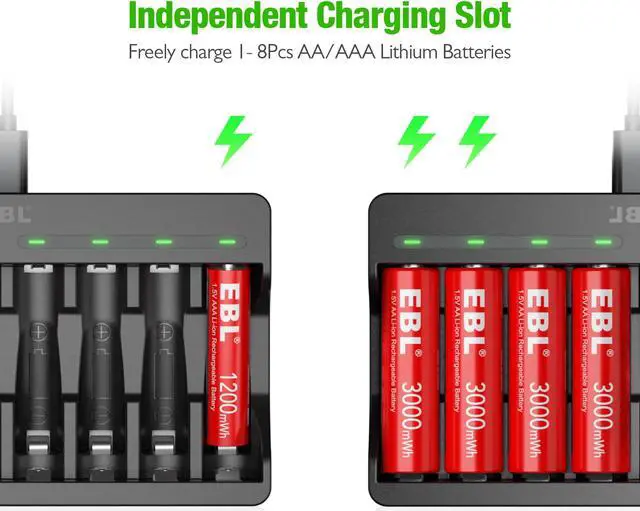 Alt view image 3 of 7 - EBL Rechargeable Lithium AA Batteries 3000mWh 4 Count and AAA Lithium ion Batteries 1200mWh 4 Count with 8 Bay Smart Battery Charger for Lithium Rechargeable Batteries