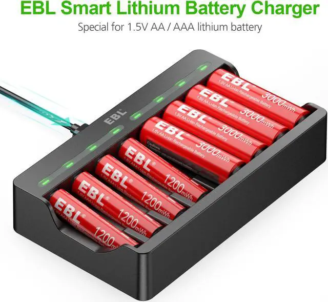 Alt view image 2 of 7 - EBL Rechargeable Lithium AA Batteries 3000mWh 4 Count and AAA Lithium ion Batteries 1200mWh 4 Count with 8 Bay Smart Battery Charger for Lithium Rechargeable Batteries