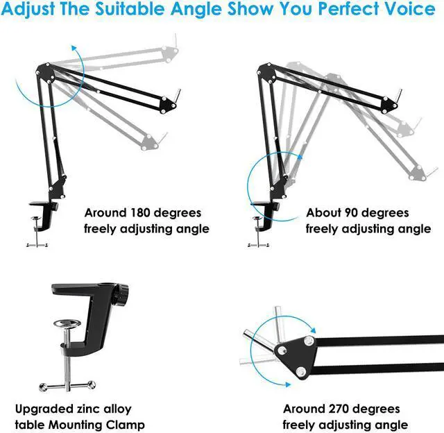 Alt view image 4 of 7 - Desktop Microphone Arm Boom Stand for Blue Yeti Snowball Ice Suspension Boom Scissor with Mic Filter, Mic Clip, Shock Mount, Adjustable Mic Boom Scissor Arm Stands, Radio Broadcasting and Recording