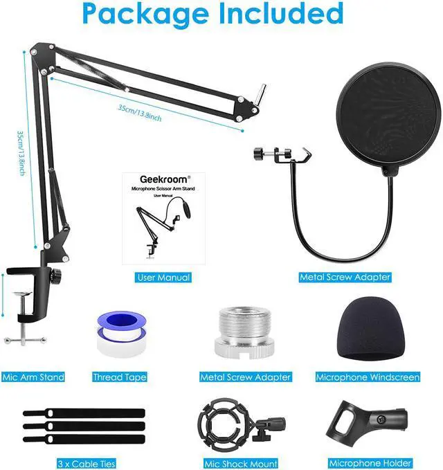 Alt view image 7 of 7 - Desktop Microphone Arm Boom Stand for Blue Yeti Snowball Ice Suspension Boom Scissor with Mic Filter, Mic Clip, Shock Mount, Adjustable Mic Boom Scissor Arm Stands, Radio Broadcasting and Recording