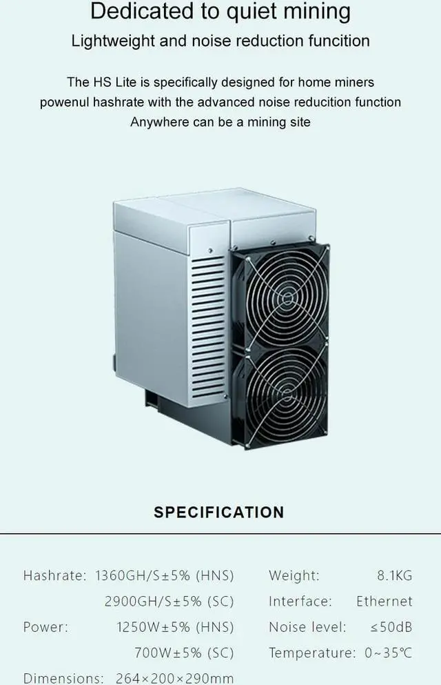 Alt view image 3 of 5 - Goldshell HS-Lite Miner With 1200W Hns: 1360gh/S 750W Sc: 2900gh/S Power Supply Included