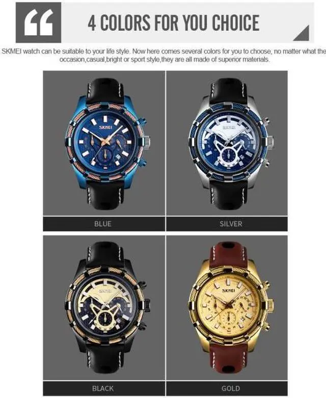 Alt view image 2 of 6 - SKMEI 9189 Men Three-eye Six-pin Dial Calendar Timing Quartz Watch (Gold)