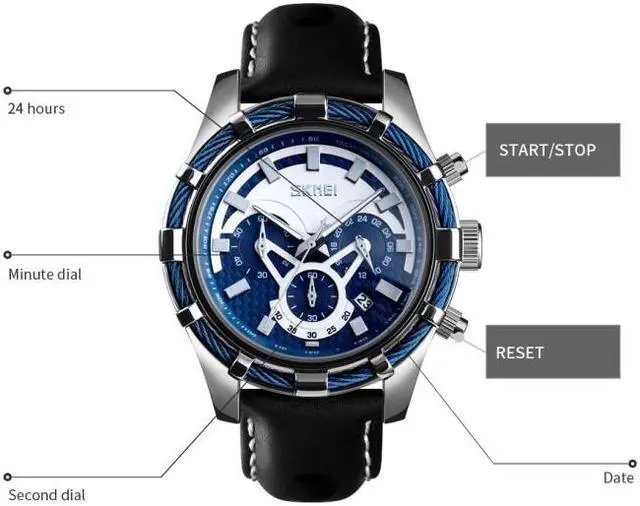 Alt view image 4 of 6 - SKMEI 9189 Men Three-eye Six-pin Dial Calendar Timing Quartz Watch (Gold)