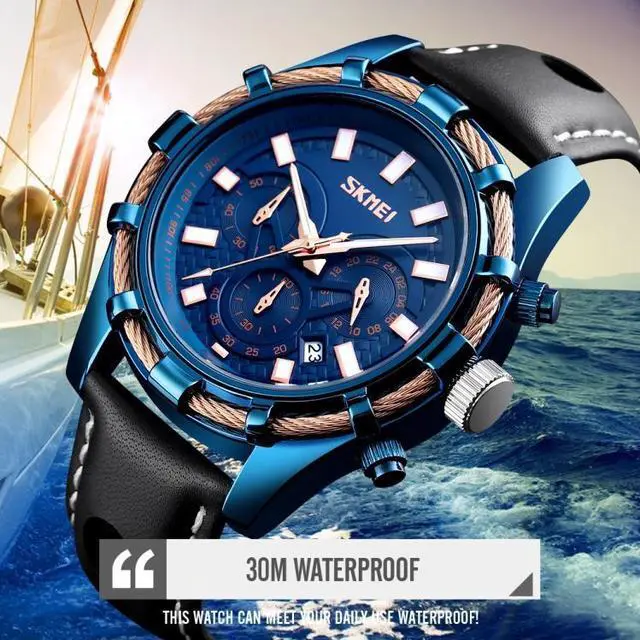 Alt view image 5 of 6 - SKMEI 9189 Men Three-eye Six-pin Dial Calendar Timing Quartz Watch (Gold)