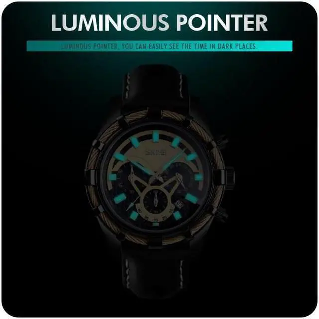 Alt view image 6 of 6 - SKMEI 9189 Men Three-eye Six-pin Dial Calendar Timing Quartz Watch (Gold)