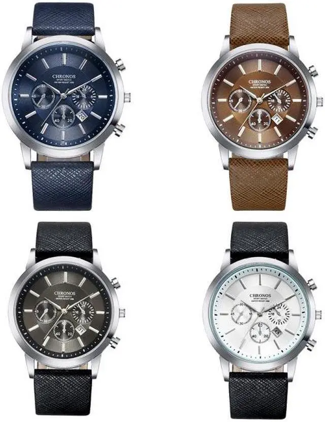 Alt view image 2 of 7 - CHRONOS CH0401 Three-eye Six-needle Leather Belt Sports Watch for Men (Coffee)