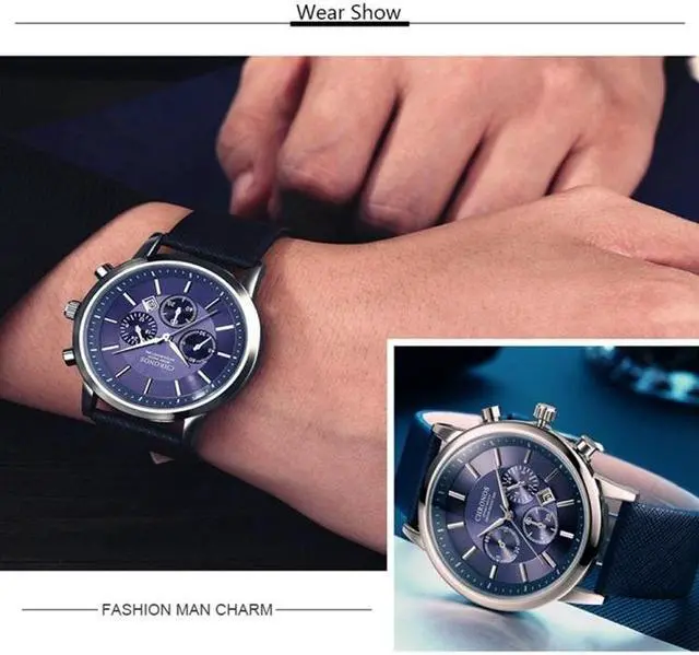 Alt view image 3 of 7 - CHRONOS CH0401 Three-eye Six-needle Leather Belt Sports Watch for Men (Coffee)