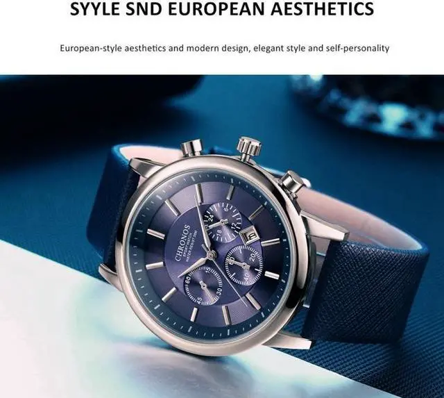 Alt view image 5 of 7 - CHRONOS CH0401 Three-eye Six-needle Leather Belt Sports Watch for Men (Coffee)