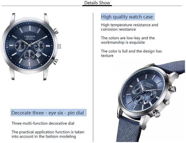 Alt view image 7 of 7 - CHRONOS CH0401 Three-eye Six-needle Leather Belt Sports Watch for Men (Coffee)