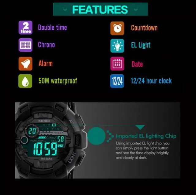 Alt view image 4 of 7 - SKMEI 1243 Men Sports Watch Outdoor Waterproof Digital Watch (Golden)