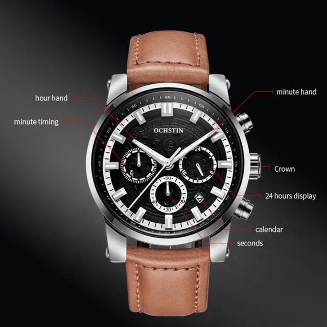 Alt view image 3 of 7 - Ochstin 5111B Multifunctional Business Waterproof Luminous Leather Strap Quartz Watch (Silver+Grey)