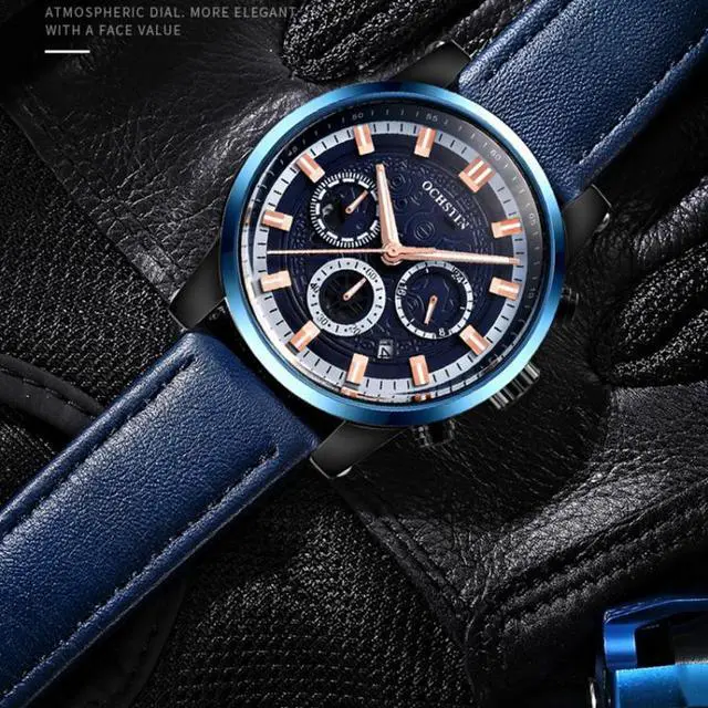 Alt view image 6 of 7 - Ochstin 5111B Multifunctional Business Waterproof Luminous Leather Strap Quartz Watch (Silver+Grey)