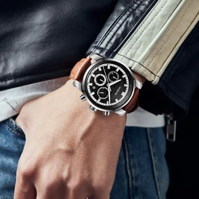 Alt view image 7 of 7 - Ochstin 5111B Multifunctional Business Waterproof Luminous Leather Strap Quartz Watch (Silver+Grey)