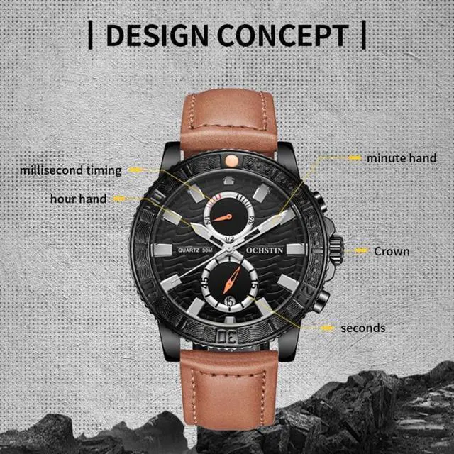 Alt view image 3 of 7 - Ochstin 6045A Multifunctional Quartz Luminous Genuine Leather Men Watch (Gold+Yellow)