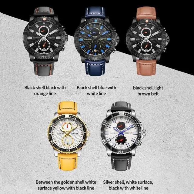 Alt view image 2 of 7 - Ochstin 6045A Multifunctional Quartz Luminous Genuine Leather Men Watch (Gold+Yellow)