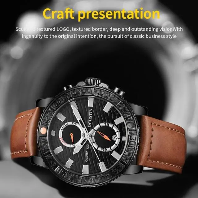 Alt view image 6 of 7 - Ochstin 6045A Multifunctional Quartz Luminous Genuine Leather Men Watch (Gold+Yellow)