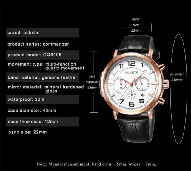 Alt view image 4 of 7 - Ochstin 6105 Multi Function Watch Business Leisure Men  Watch Waterproof Timing Quartz Watch Belt Watch (Rose Gold White)