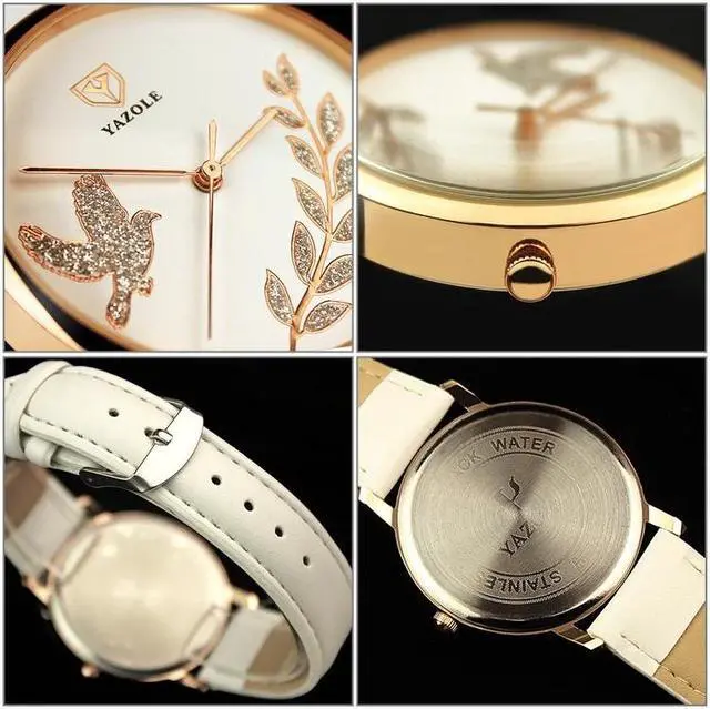 Alt view image 5 of 7 - YAZOLE 360 Leather Band Dove of Peace Diamond Lady Watch (White+Brown)