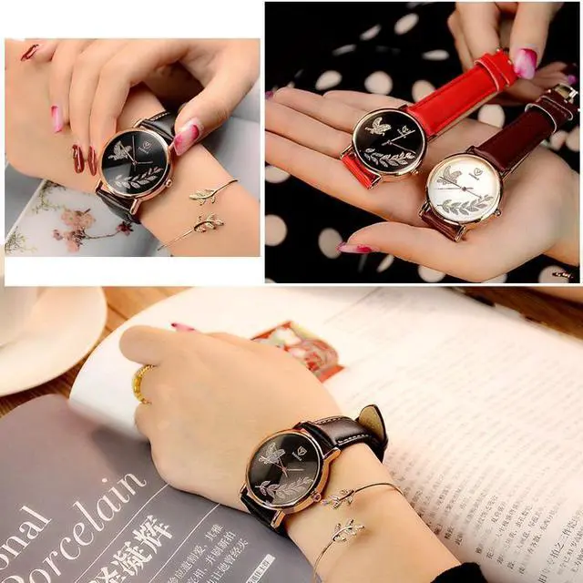 Alt view image 7 of 7 - YAZOLE 360 Leather Band Dove of Peace Diamond Lady Watch (White+Brown)