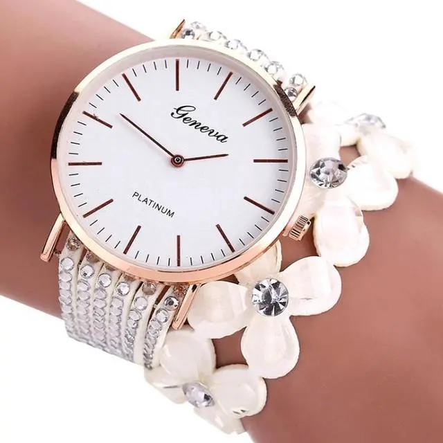 Main image of Women Round Dial Flower Diamond Studs Bracelet Watch (White)