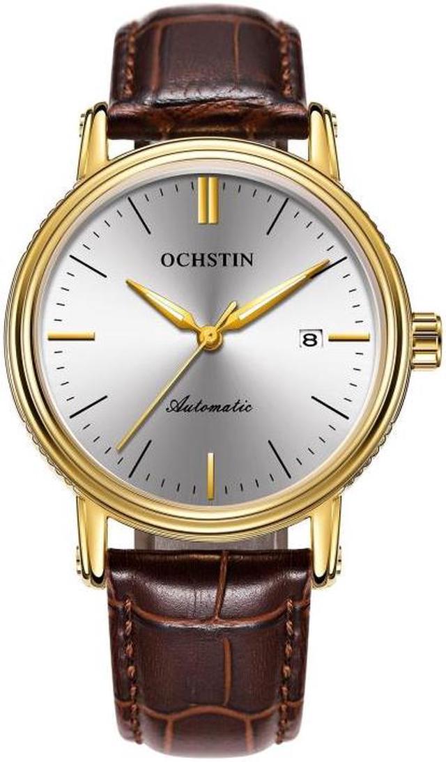 Ochstin 2024 Automatic Mechanical Watch Men Waterproof Calendar Leather Business Mechanical Men Watch Golden Black Coffee Newegg