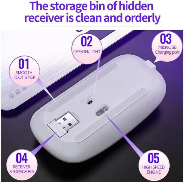 Alt view image 4 of 4 - YINDIAO A2 2.4GHz 1600DPI 3-modes Adjustable RGB Light Rechargeable Wireless Silent Mouse (Rose Gold)