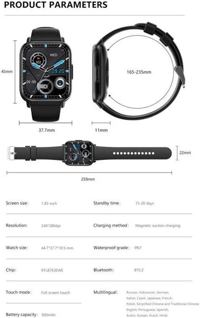 Alt view image 3 of 7 - DM60+ 1.83 inch BT5.2 Smart Sport Watch, Support Bluetooth Call / Sleep / Blood Sugar / Blood Oxygen / Temperature / Heart Rate / Blood Pressure Health Monitor (White)