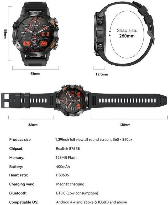 Alt view image 2 of 7 - K52 1.39inch BT5.0 Smart Watch Support Heart Rate/ Sleep Detection (Black)