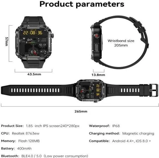 Alt view image 7 of 7 - MK66 1.85 inch Color Screen Smart Watch,Support Heart Rate Monitoring / Blood Pressure Monitoring (Black)