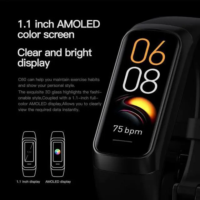 Alt view image 7 of 7 - C60 IP67 Waterproof 1.1 inch Smart Fitness Band (Grey)