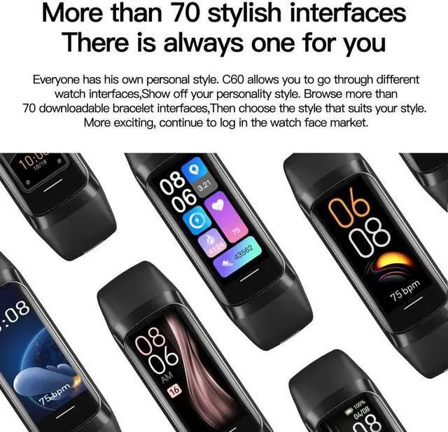 Alt view image 3 of 7 - C60 IP67 Waterproof 1.1 inch Smart Fitness Band (Grey)