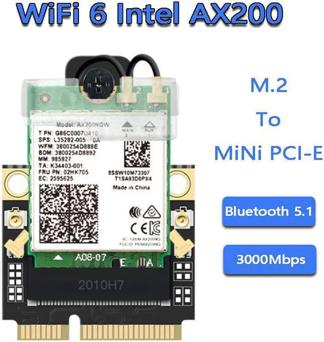 Alt view image 2 of 9 - Wireless Mini PCI-E Wi-Fi 6 Intel AX200 Adapter Kit 2974Mbps Bluetooth 5.0 M.2 To Mini PCI Express Full Wifi Card AX200NGW 802.11ax/ac 160Mhz 2.4G/5G MU-MIMO OFDMA Windows 10 For Laptop Desktop