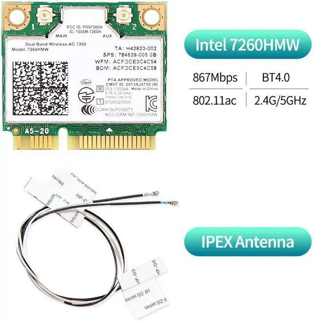 Alt view image 4 of 7 - Wireless Dual Band Wifi Intel 7260 7260HMW 7260AC 2X2 Mini PCI-E Bluetooth 4.0 Wi-Fi Network Card Antennas, Up to 867Mbps (5Ghz) + 300Mbps (2.4Ghz), IEEE802.11ac/a/b/g/n, Windows 7/8/10 For Laptop PC