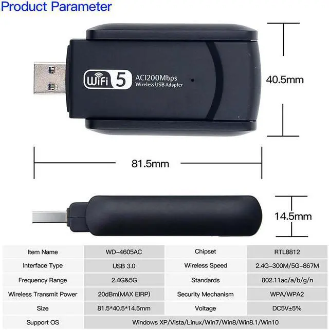 Alt view image 7 of 7 - USB WiFi Adapter for PC 1200Mbps Wireless Network Adapter WiFi Dongle Stick for Desktop Dual Band 2.4GHz/300Mbps 5.8GHz/867Mbps USB 3.0 Compatible with Win XP/7/8/10/vista, Mac 10.6-10.15, Linux